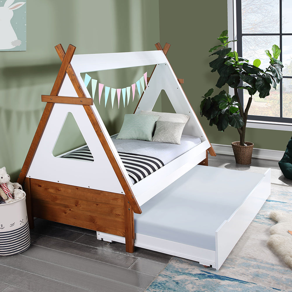 Diya Loreen Twin Two-Tone Oak White Wood Bed  Adventure Tent Style Kids Platform Bed