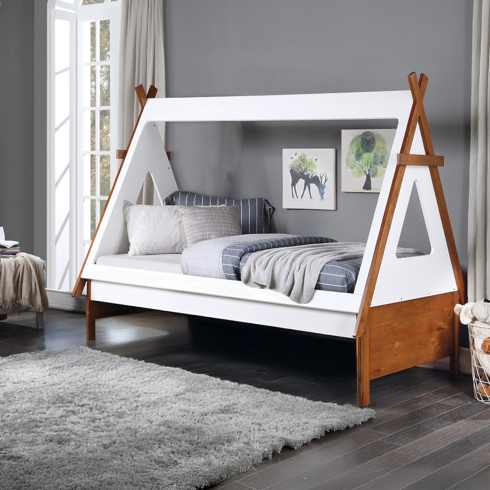 Diya Loreen Twin Two-Tone Oak White Wood Bed  Adventure Tent Style Kids Platform Bed