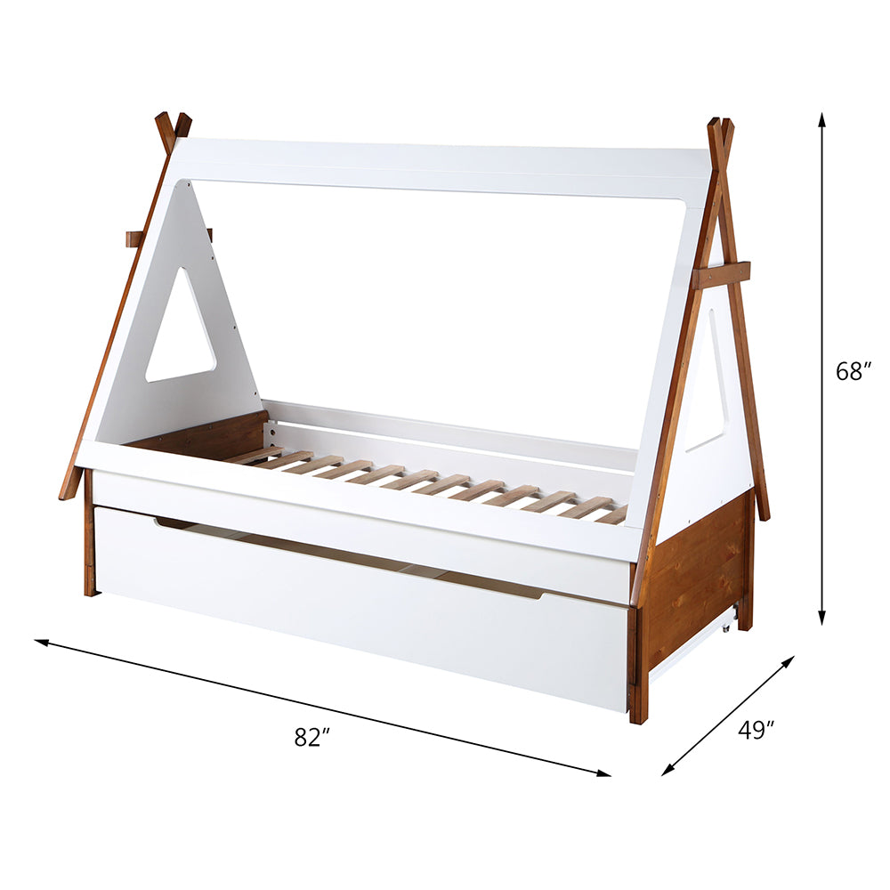 Diya Loreen Twin Two-Tone Oak White Wood Bed  Adventure Tent Style Kids Platform Bed