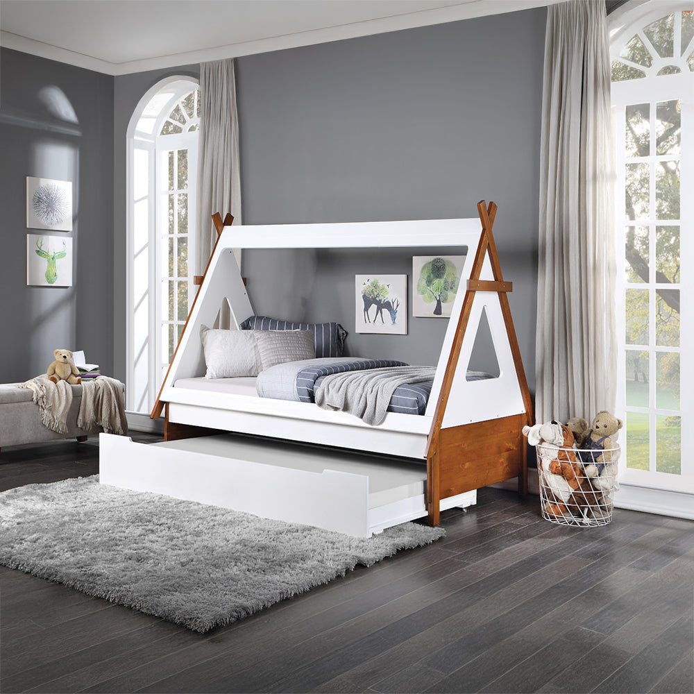 Diya Loreen Twin Two-Tone Oak White Wood Bed  Adventure Tent Style Kids Platform Bed