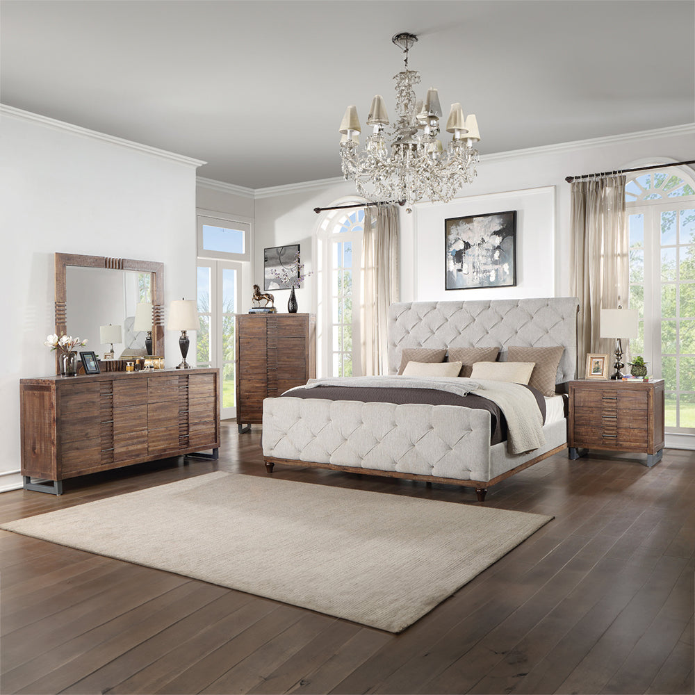 Verona  Queen Reclaimed Oak Wood Panel Bed – Contemporary Industrial Style with Metal Legs