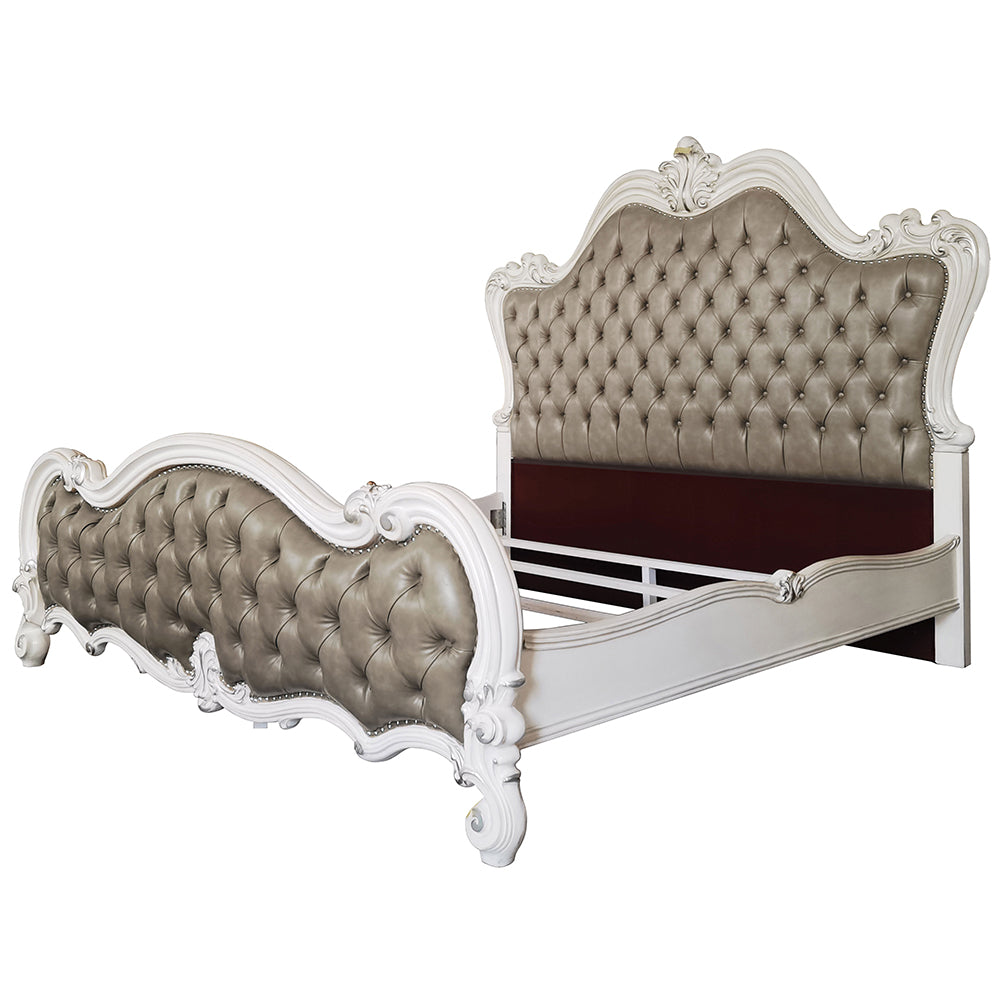 Mistari Versailles II Eastern King Antique Platinum Wooden Bed – Baroque Style with Upholstered Headboard