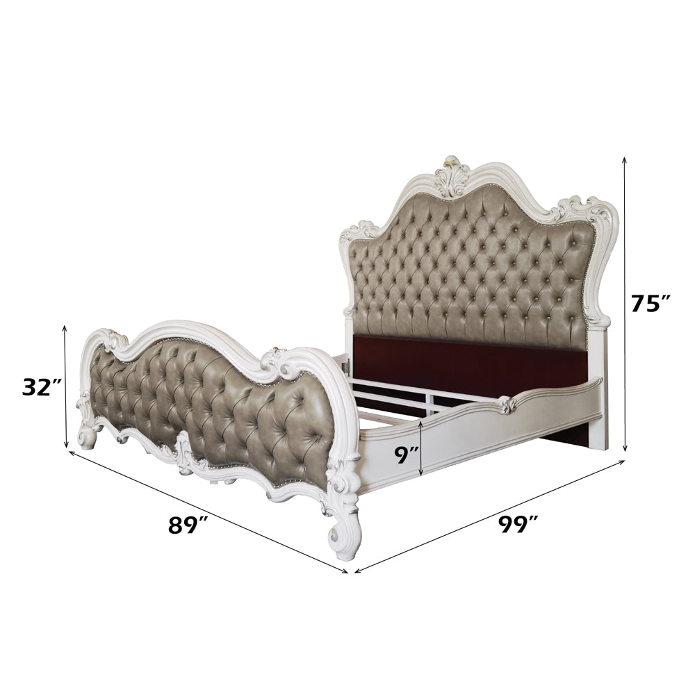 Mistari Versailles II Eastern King Antique Platinum Wooden Bed – Baroque Style with Upholstered Headboard