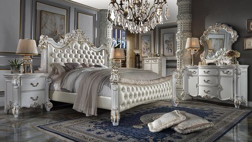 Leni Vendome Eastern King Bed Antique Pearl Synthetic Leather – Classic Baroque Style with Tufted Headboard