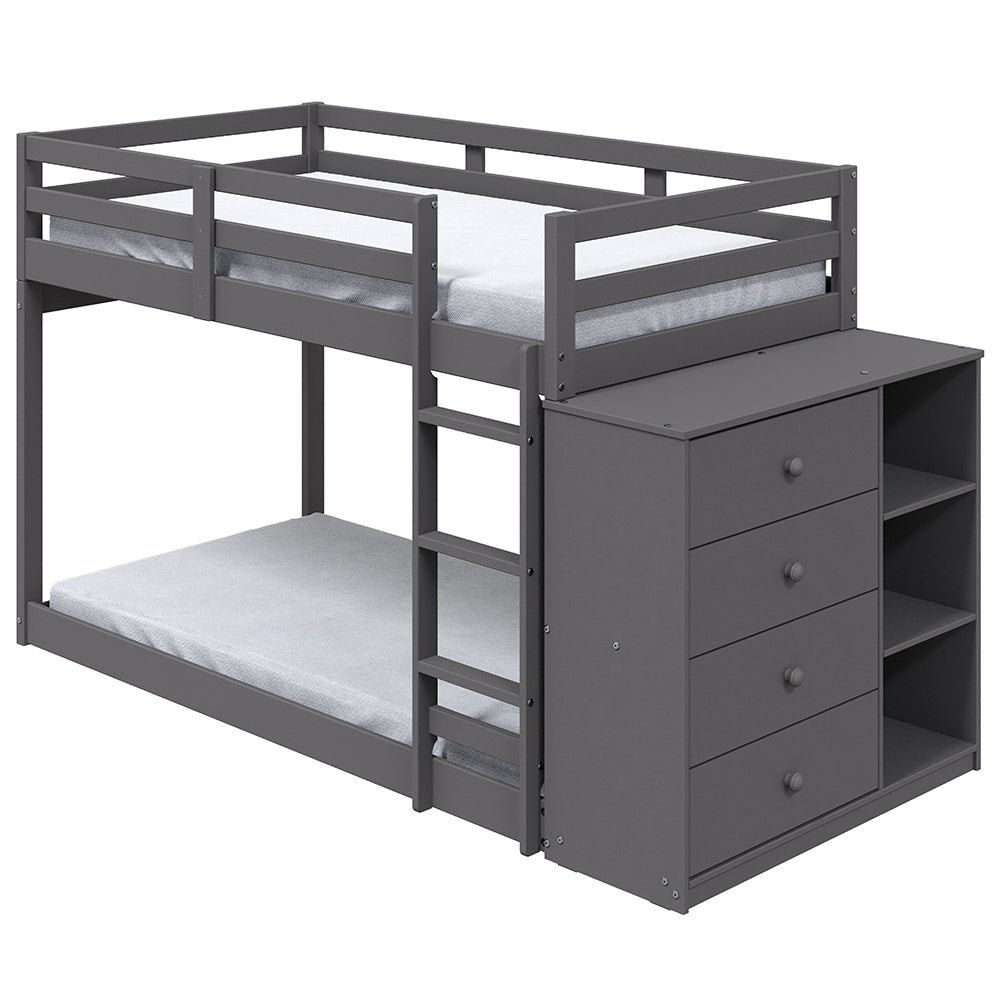 Nastik Gaston Gray Wood Bunk Bed T/T  With Drawers, Compartments & Ladder