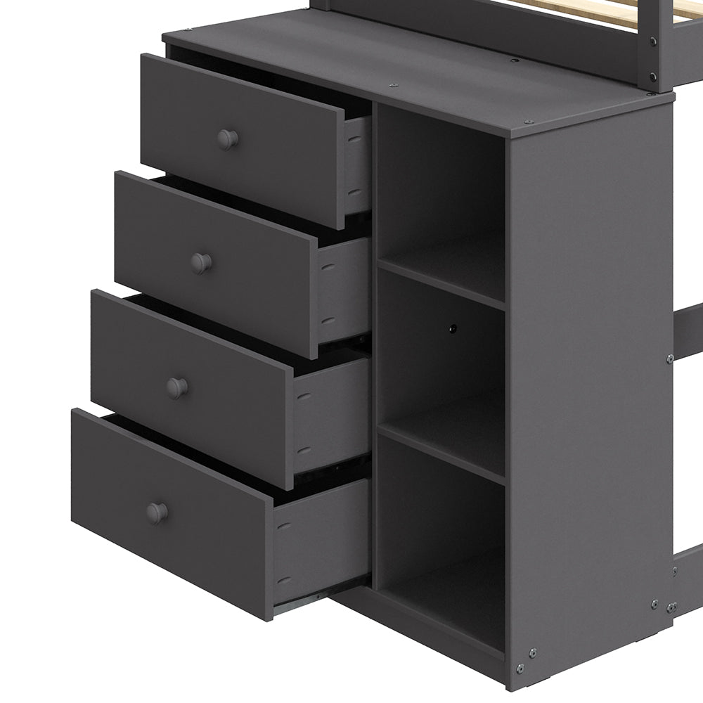 Nastik Gaston Gray Wood Bunk Bed T/T  With Drawers, Compartments & Ladder