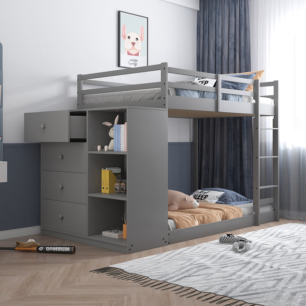 Nastik Gaston Gray Wood Bunk Bed T/T  With Drawers, Compartments & Ladder