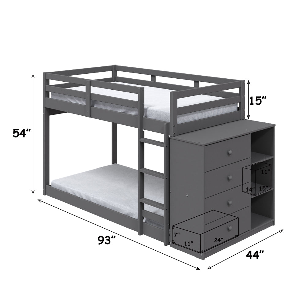 Nastik Gaston Gray Wood Bunk Bed T/T  With Drawers, Compartments & Ladder