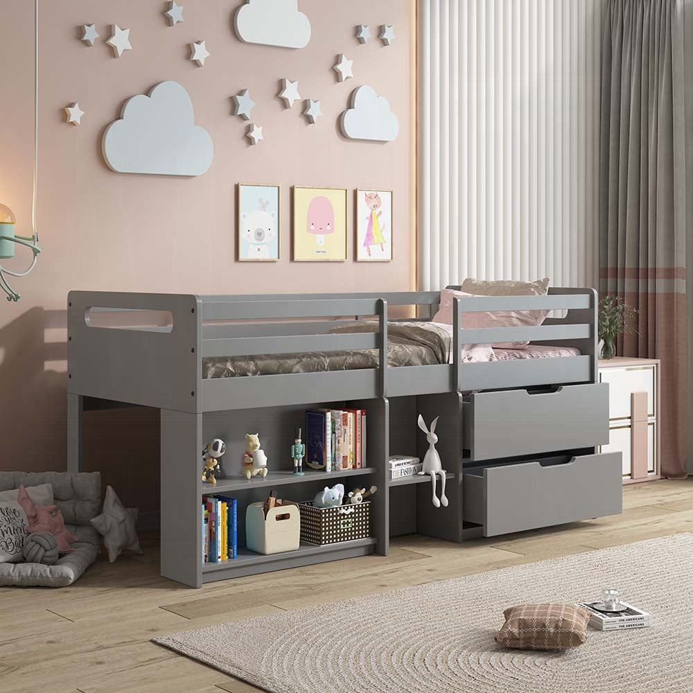 Karan Fabiana Twin Gray Wood Loft Bed  Space-Saving Design with Storage Drawers