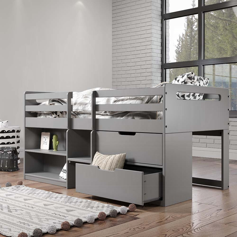 Karan Fabiana Twin Gray Wood Loft Bed  Space-Saving Design with Storage Drawers