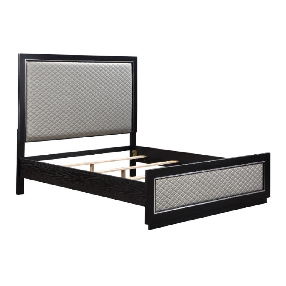 Nicola Eastern King Bed, Silver Synthetic Leather & Black Finish