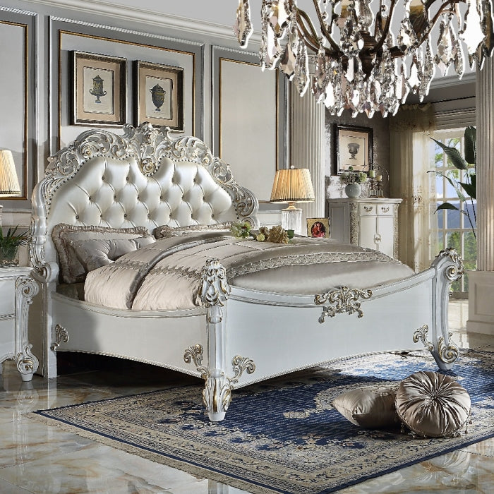 Vendome Eastern King Bed, Synthetic Leather & Antique Pearl Finish