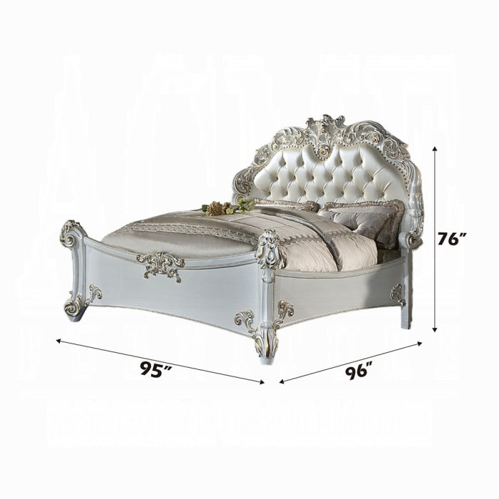 Vendome Eastern King Bed, Synthetic Leather & Antique Pearl Finish