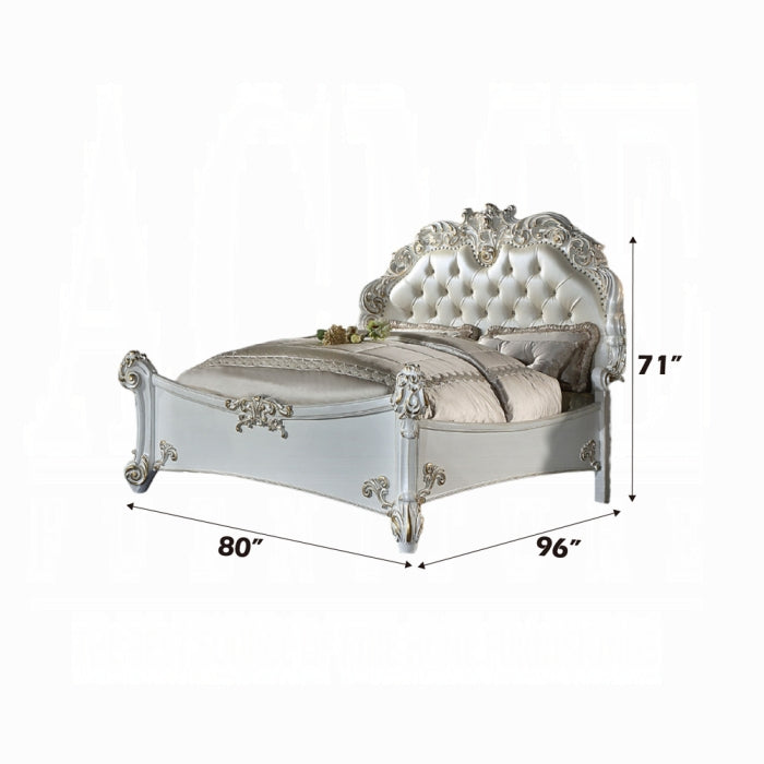 Vendome Queen Bed, Synthetic Leather & Antique Pearl Finish