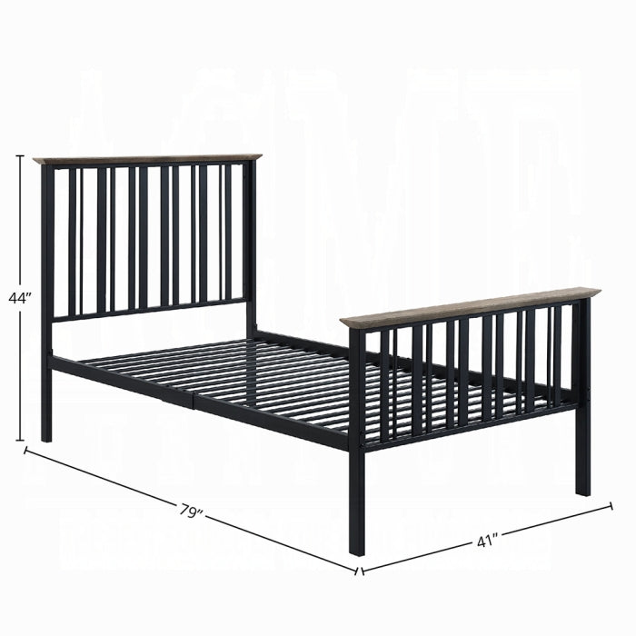 Spuma Zudora Twin Antique Oak Black Finish Metal Frame Bed – Rustic Industrial Design with Weathered Wood Trim