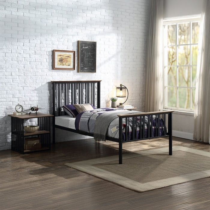 Spuma Zudora Twin Antique Oak Black Finish Metal Frame Bed – Rustic Industrial Design with Weathered Wood Trim