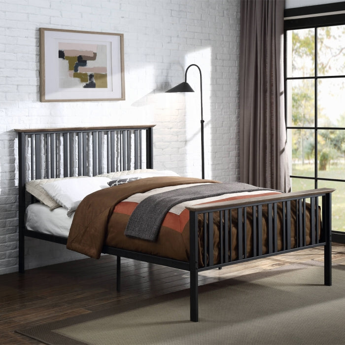 Ainge  Zudora Full Metal Wood Trim Platform Bed  Modern Industrial Design Slatted Frame Box Spring Free