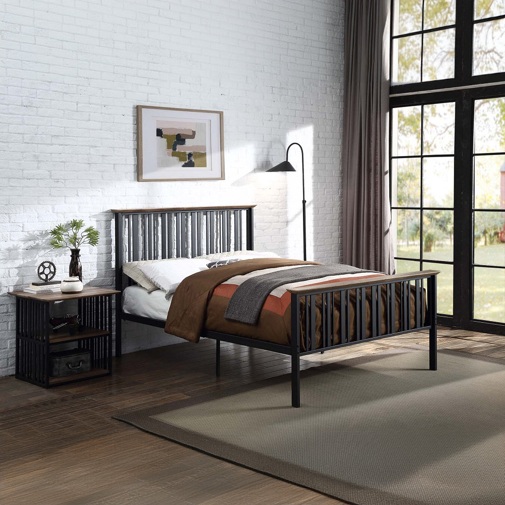 Ainge  Zudora Full Metal Wood Trim Platform Bed  Modern Industrial Design Slatted Frame Box Spring Free