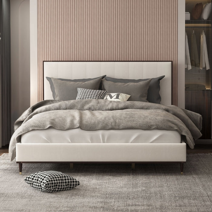 Carena Eastern King Bed, Light Gray Fabric, White & Walnut Finish