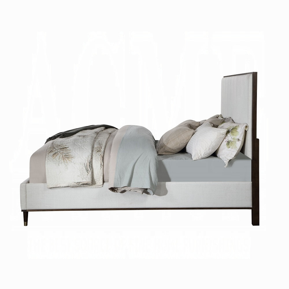 Carena Eastern King Bed, Light Gray Fabric, White & Walnut Finish