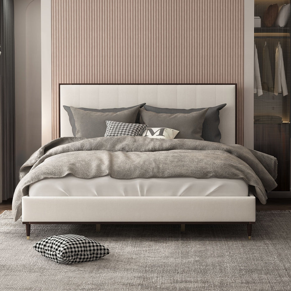 Carena Queen Bed, Light Gray Fabric, White & Walnut Finish