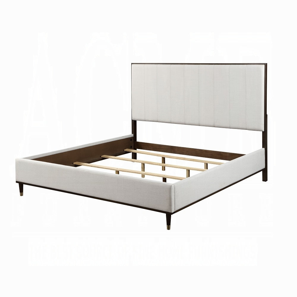 Carena Queen Bed, Light Gray Fabric, White & Walnut Finish