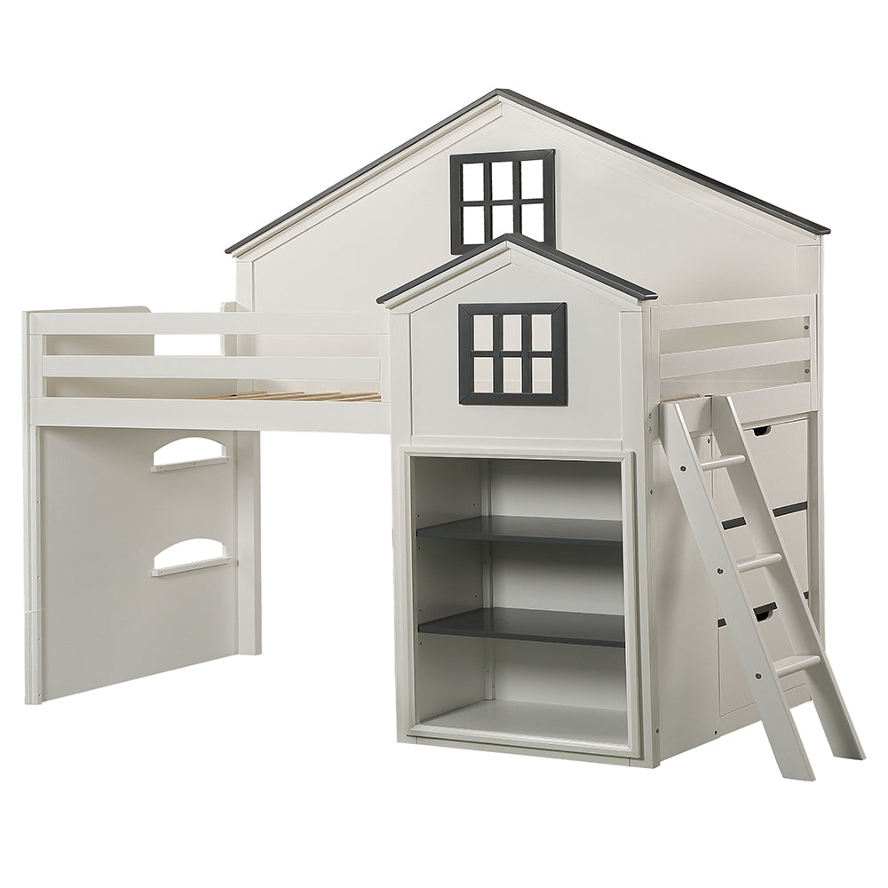 Juno Ratana Twin Loft Bed White Gray  Modern Wooden Bed with Study Table, Ladder & Open Shelves
