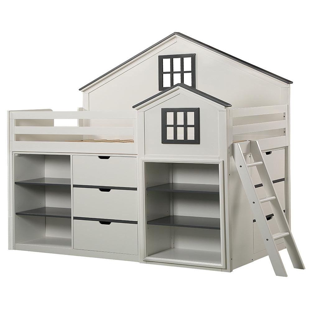 Juno Ratana Twin Loft Bed White Gray  Modern Wooden Bed with Study Table, Ladder & Open Shelves