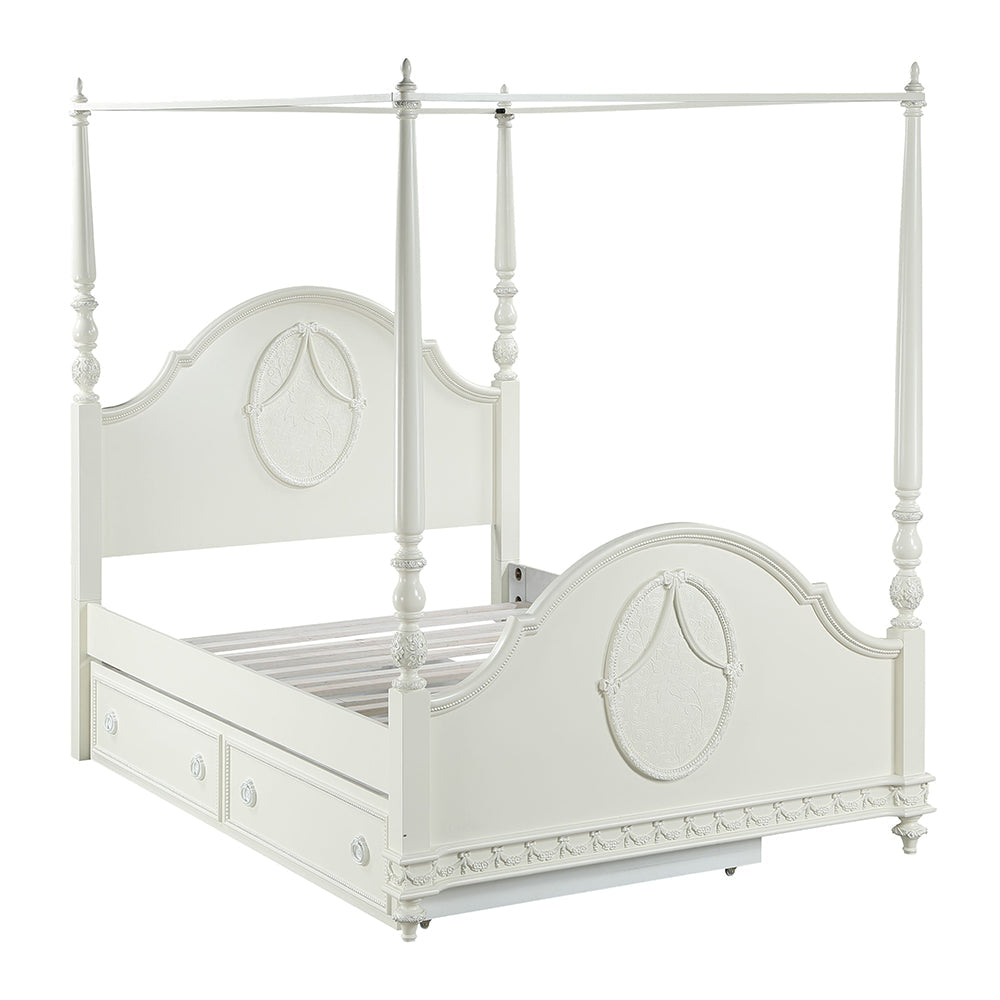 Ivory Dorothy Full Poster Bed in Ivory Finish Wooden Construction, Timeless Style