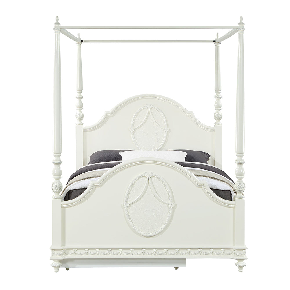Ivory Dorothy Full Poster Bed in Ivory Finish Wooden Construction, Timeless Style