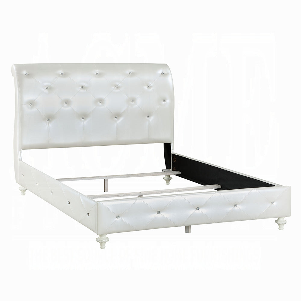 Dorothy Full Bed (Padded Sleigh), Pearl White Synthetic Leather & Ivory