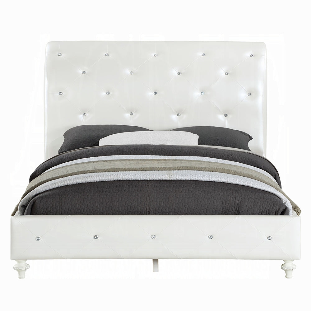 Dorothy Full Bed (Padded Sleigh), Pearl White Synthetic Leather & Ivory