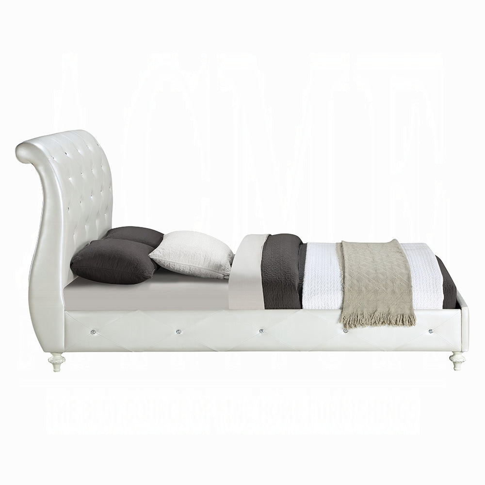 Dorothy Full Bed (Padded Sleigh), Pearl White Synthetic Leather & Ivory