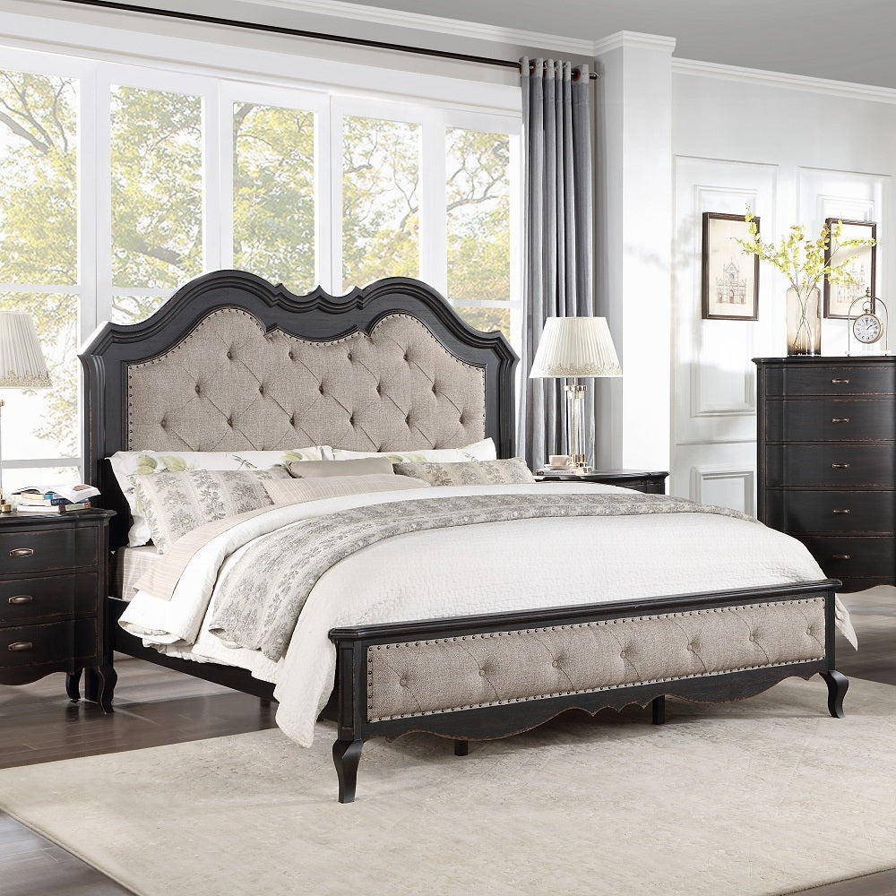 Juneja Chelmsford Collection California King Upholstered Bed – Beige Fabric, Black Antique Accents