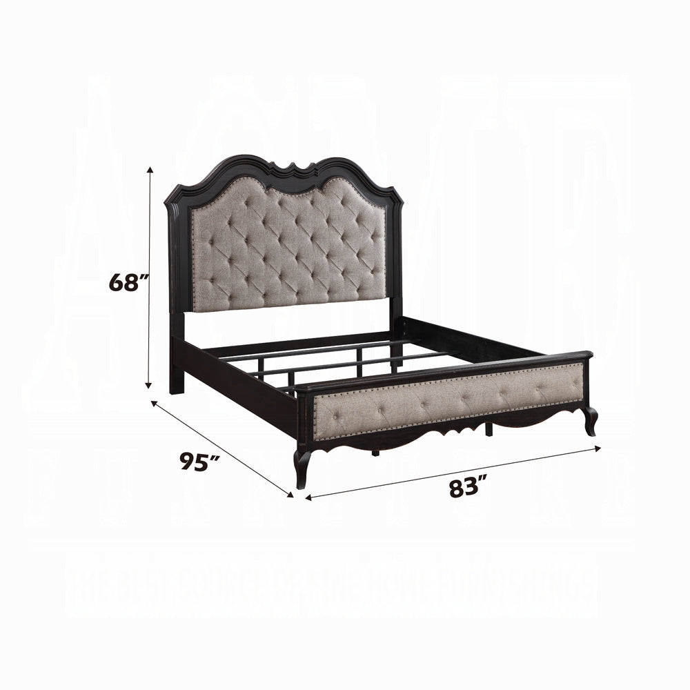 Juneja Chelmsford Collection California King Upholstered Bed – Beige Fabric, Black Antique Accents