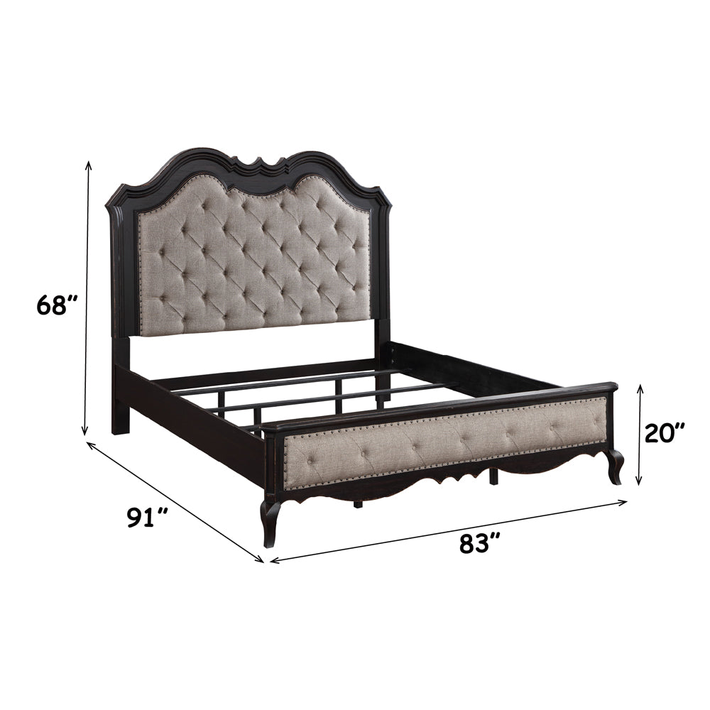 Pansari Chelmsford King Size Bed – Beige Fabric & Antique Black Finish