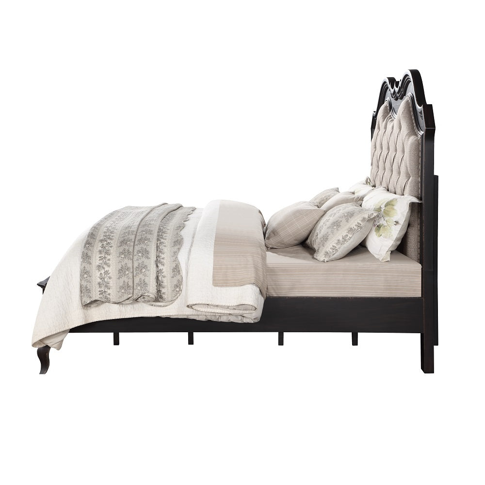 Ansari Chelmsford Queen Upholstered Bed Beige Fabric & Antique Black – Traditional Carved Wooden Frame