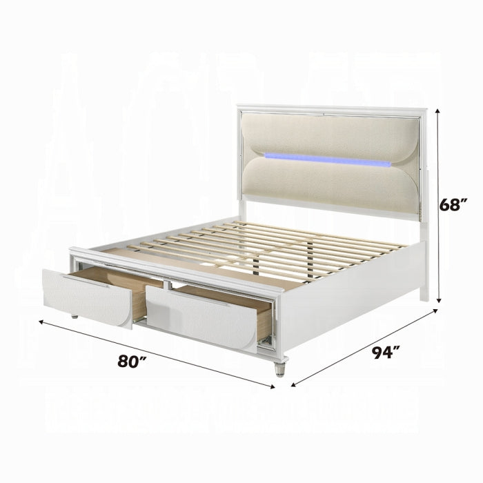 Tarian California King Bed w/Storage & LED, White Boucle & Pearl White Finish