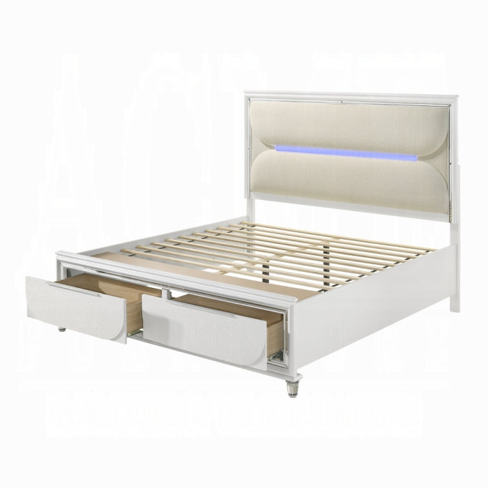 Tarian Queen Bed w/Storage & LED, White Boucle & Pearl White Finish