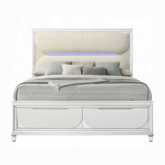 Tarian California King Bed w/Storage & LED, White Boucle & Pearl White Finish