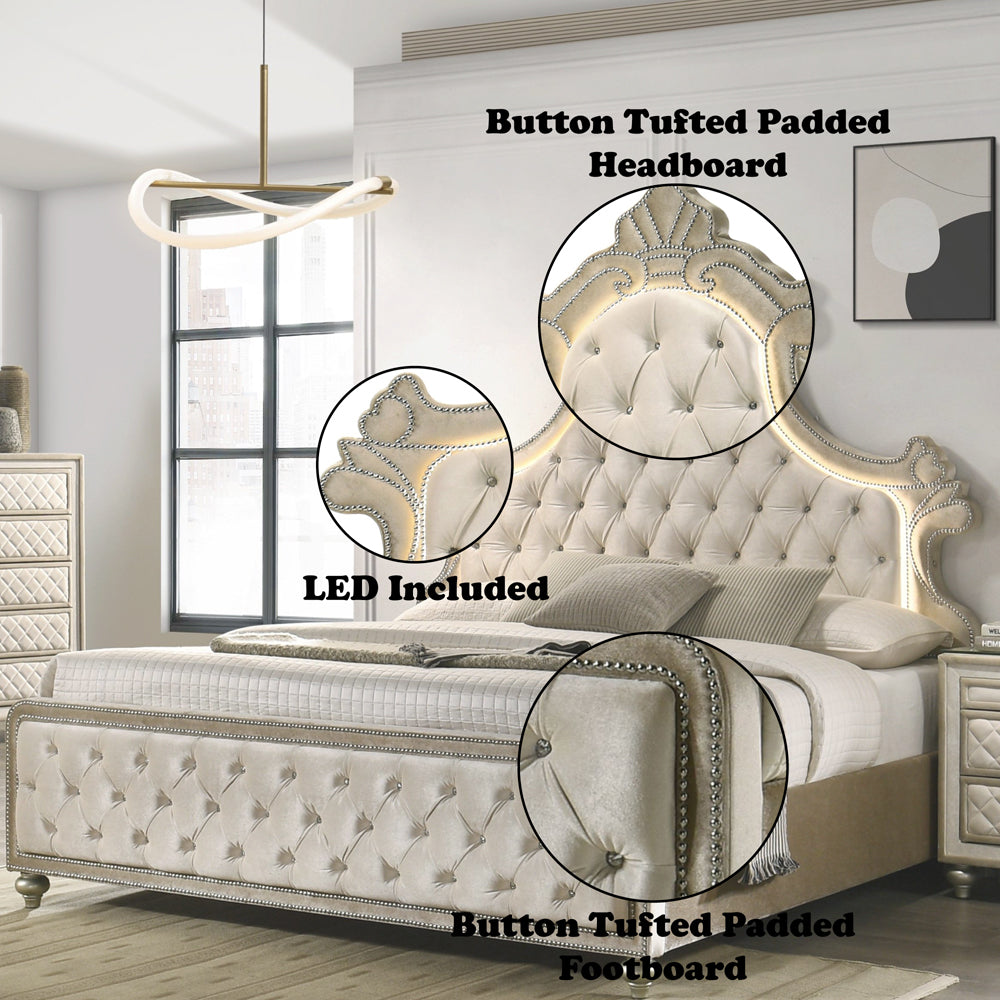 Rosey Lucienne Eastern King Beige Velvet Bedroom Bed – Modern LED Headboard with Chrome Accents