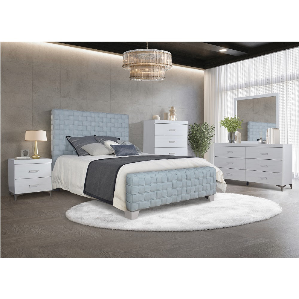 Saree Queen Bed, Light Teal Chenille & Gray Finish