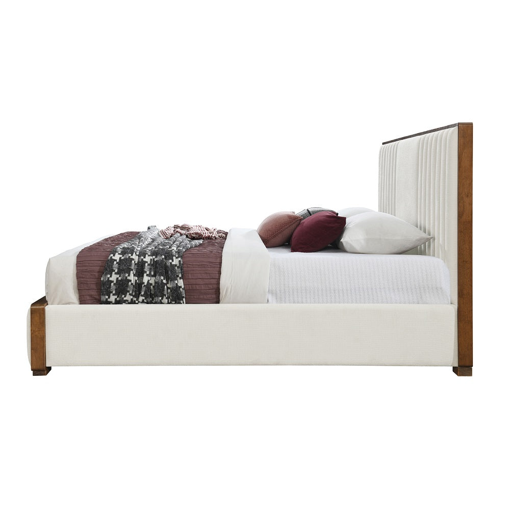 Kaleea Eastern King Bed, Beige Chenille & Walnut Finish