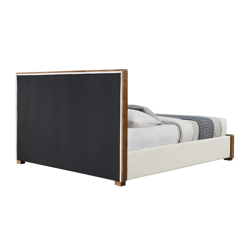 Kaleea Eastern King Bed, Beige Chenille & Walnut Finish