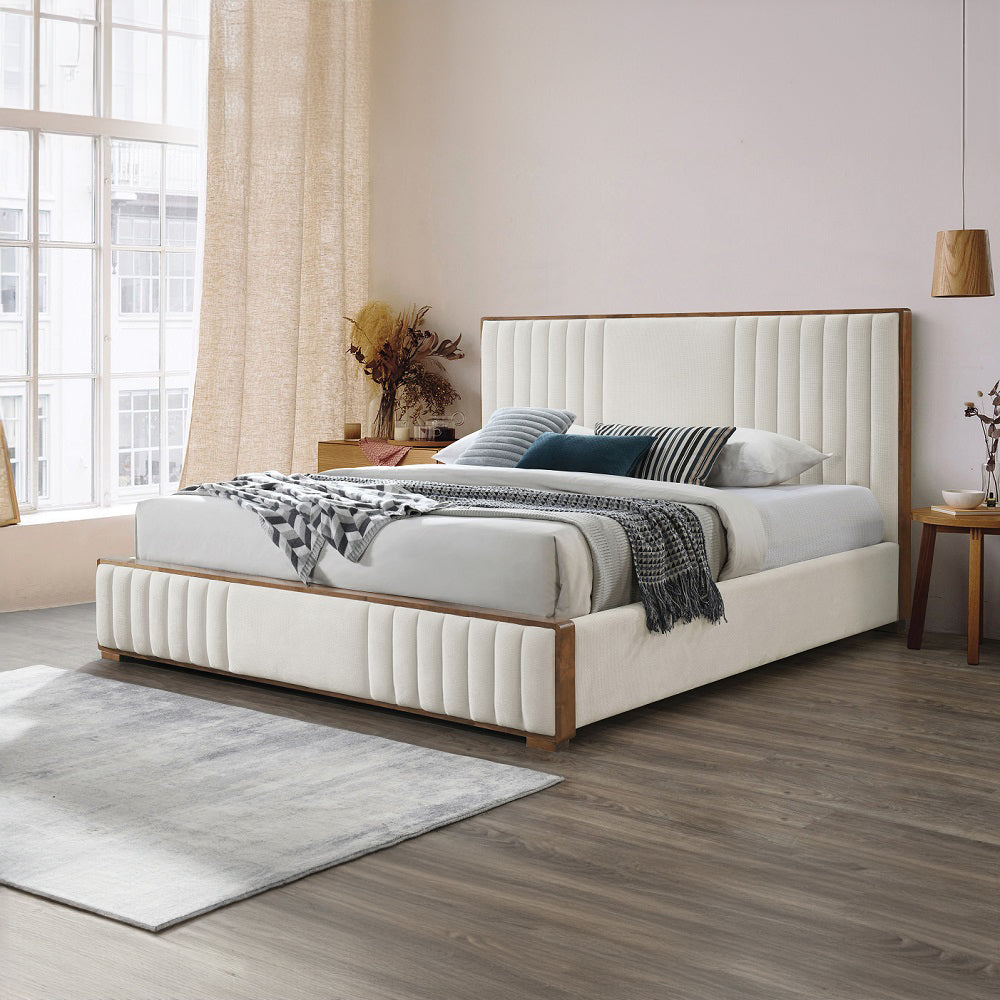 Kaleea Eastern King Bed, Beige Chenille & Walnut Finish