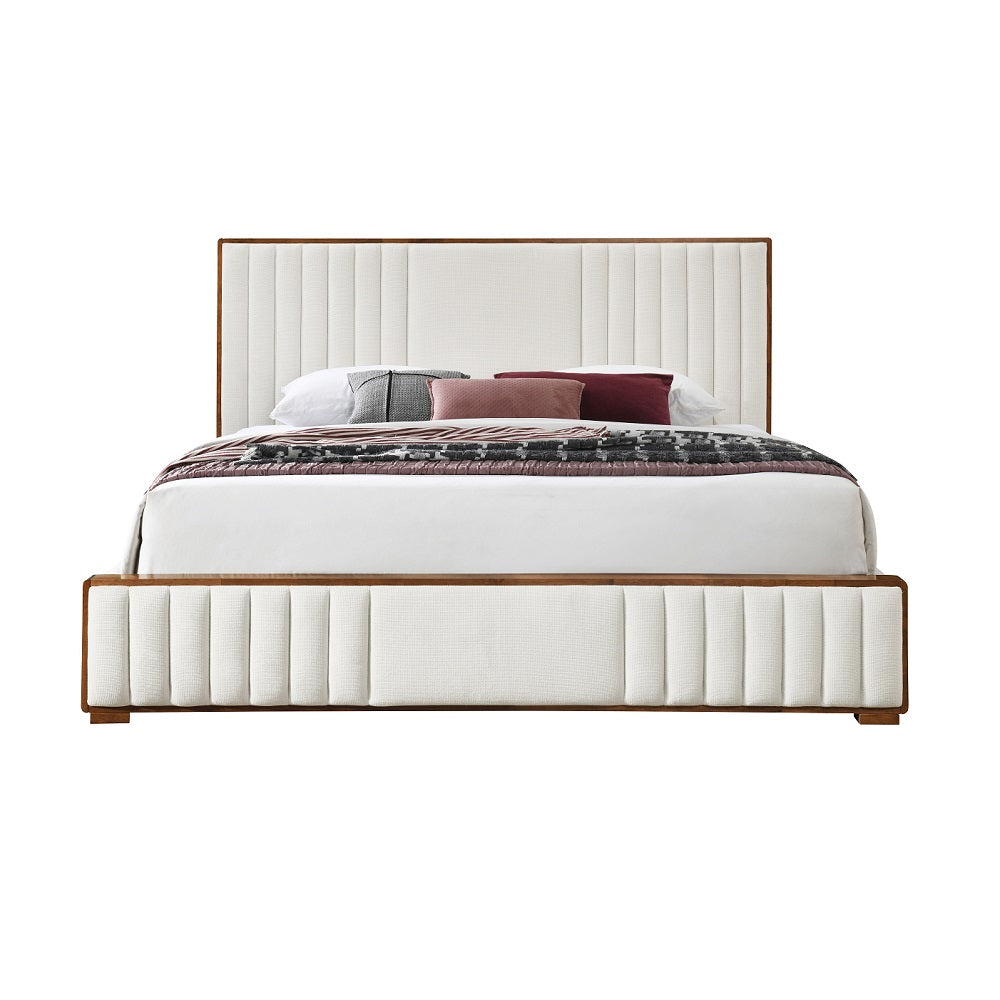 Kaleea Queen Bed, Beige Chenille & Walnut Finish