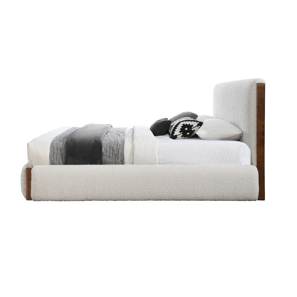 Sandro Eastern King Bed, White Bouclé & Walnut Finish