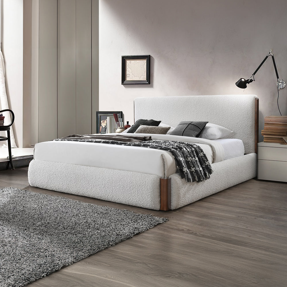 Sandro Queen Bed, White Bouclé & Walnut Finish