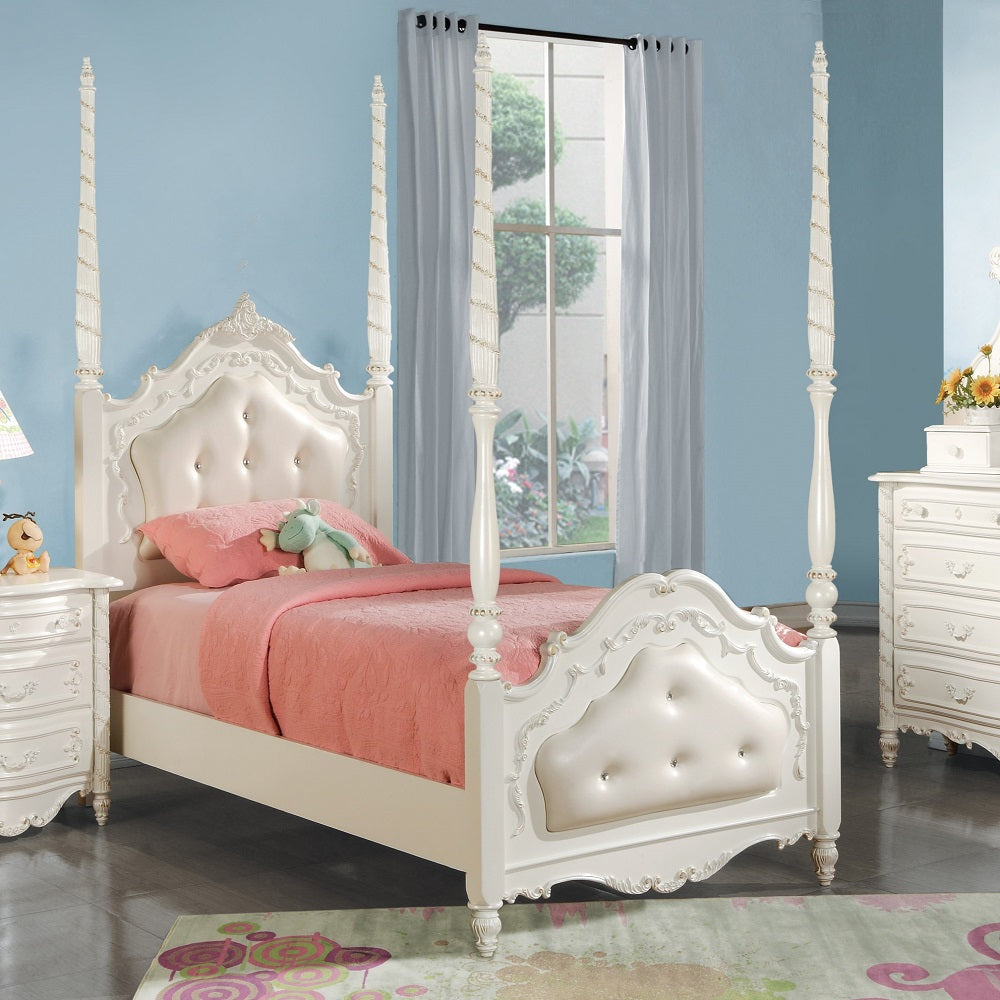 Pearl Twin Bed - Post & Tufted, Pearl White w/Gold Brush