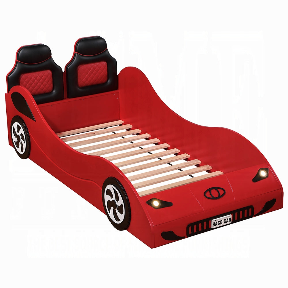 Zaria Colen Collection Twin Red Wood Race Car Bed  LED Lights & Padded Headboard